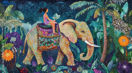 Mosaic art of a girl riding an elephant in a jungle.