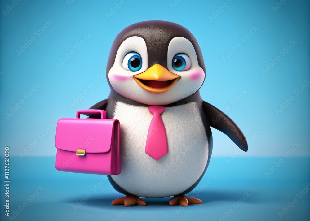 Fototapeta premium Adorable 3D Penguin with Pink Briefcase on a Bright Blue Background, Perfect for Children's , Marketing, and Fun Creative Projects
