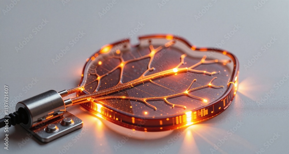 Obraz premium High-tech leaf with embedded circuitry and orange lights