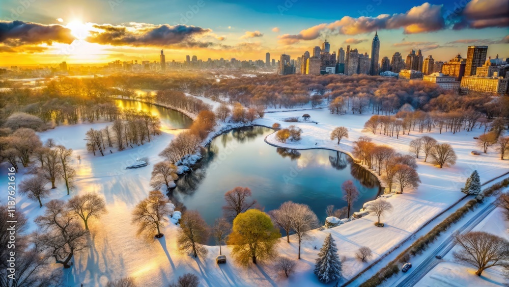 Obraz premium Aerial Snowscape Central Park Winter Wonderland: Bird's Eye View of Iconic NYC Landmark