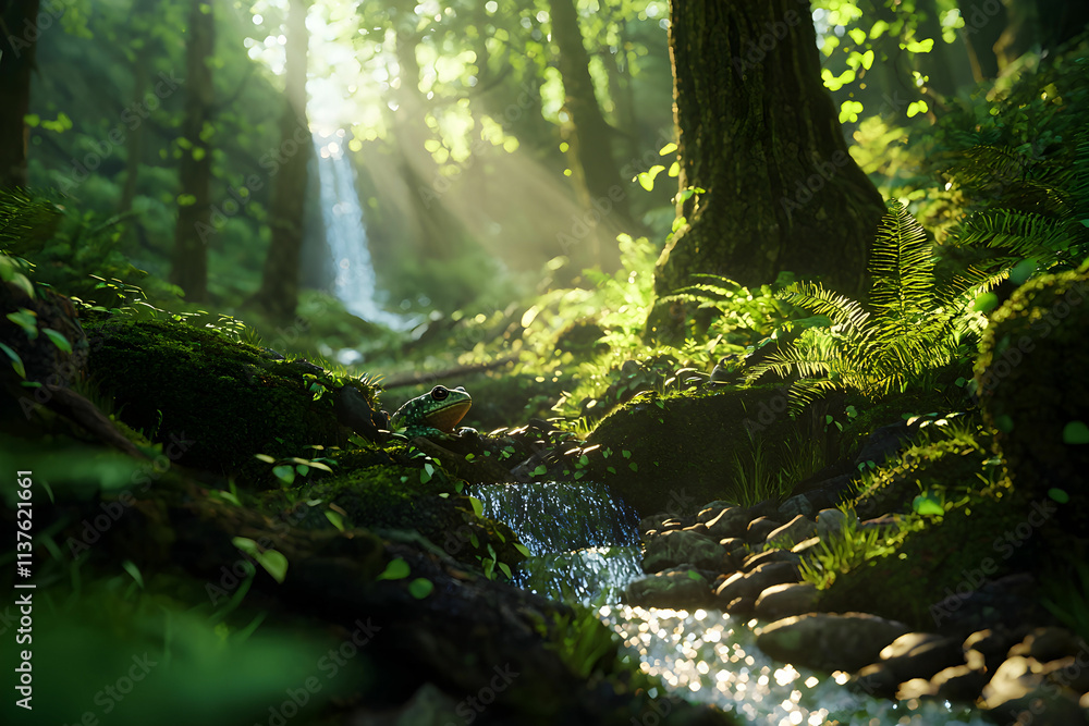 Fototapeta premium Serene Forest Stream with Gentle Waterfall and Sunlight Beaming Through Lush Greenery and Vibrant Ferns