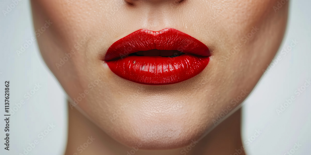 Obraz premium Photo of juicy female lips with vibrant red color, perfect for a beauty industry banner.