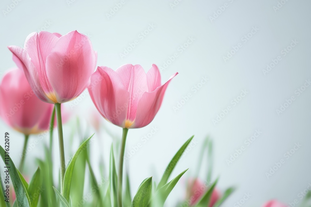Close-up of Delicate Pink Tulips with Green Stems and Leaves Against a Soft Blue Background Close-up of Delicate Pink Tulips with Green Stems and Leaves Against a Soft Blue Background