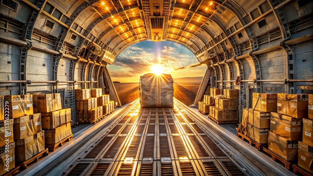 Obraz premium Air Cargo Plane Interior: Wide Angle Photo of Massive Cargo Hold, Stunning Lighting, Detailed View