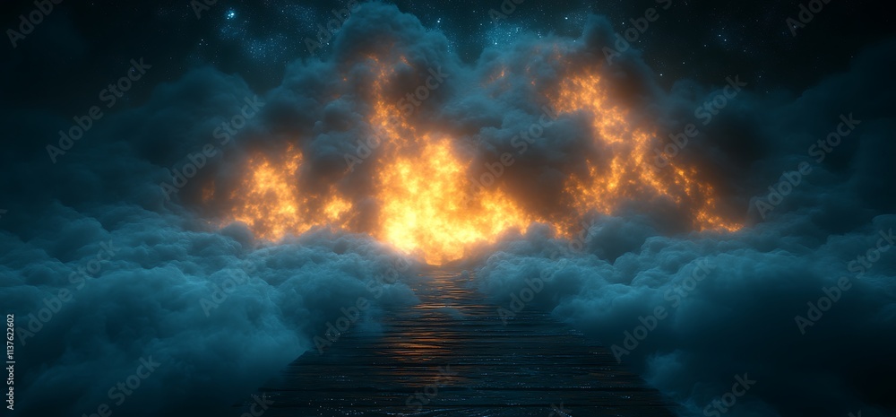 Fiery cloudscape path leading through a starlit night Fiery cloudscape path leading through a starlit night