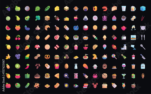 Set of yellow emoji Food & Drink in vector graphic format on a black background. photo