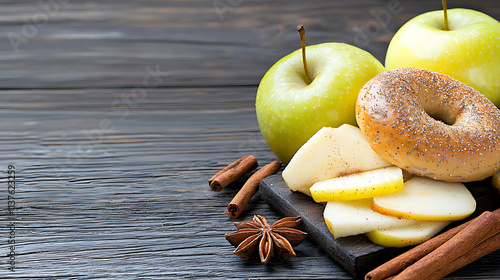 Delicious bagel and apple snack arrangement rustic kitchen food photography cozy atmosphere close-up culinary inspiration photo