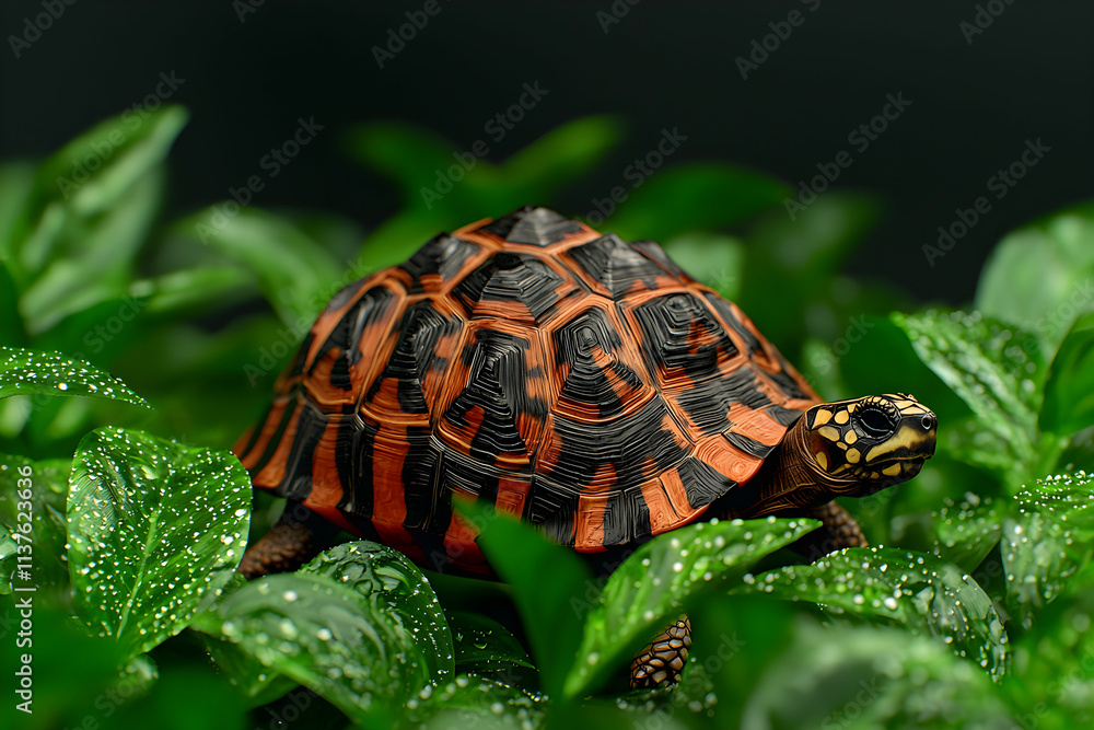 Captivating Indian Star Tortoise Among Lush Green Leaves with Dewdrop Details and Vibrant Shell Patterns Captivating Indian Star Tortoise Among Lush Green Leaves with Dewdrop Details and Vibrant Shell Patterns