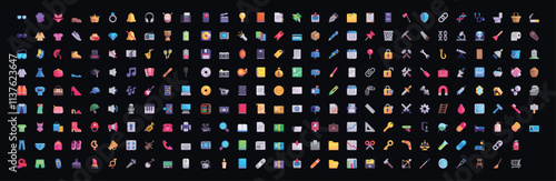 Set of yellow emoji Objects in vector graphic format on a black background.