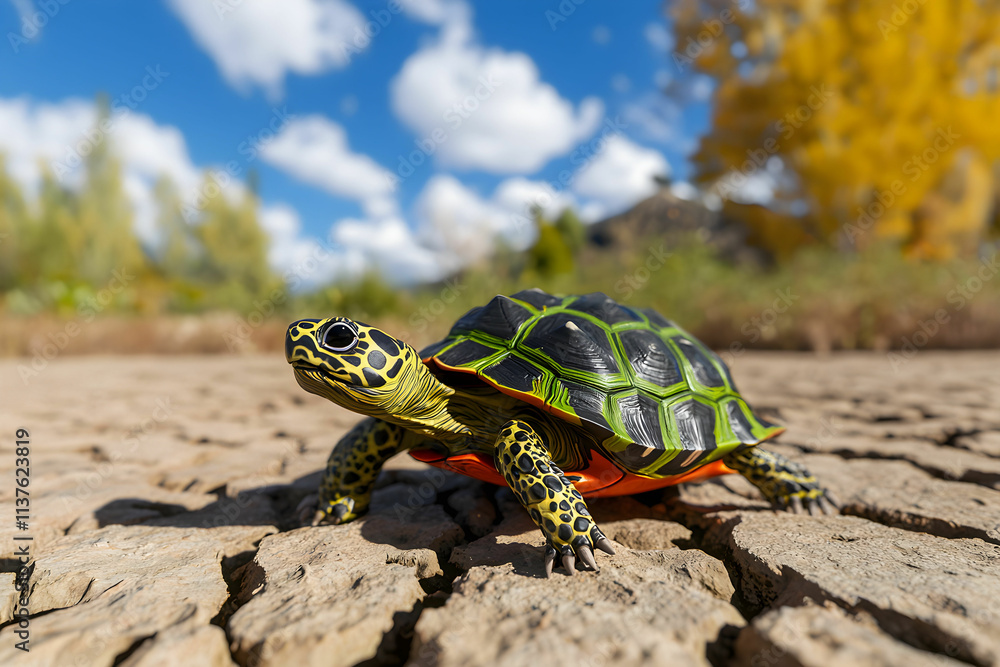 Obraz premium Colorful turtle on cracked earth under blue sky with clouds in natural habitat during sunny day