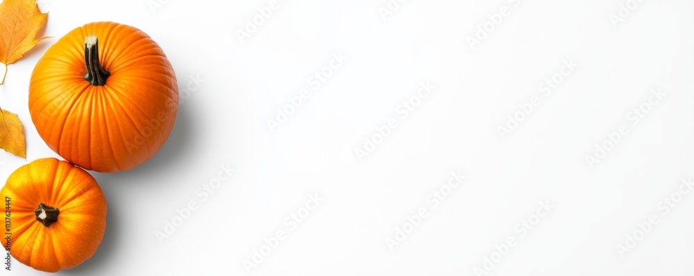 Harvest Pumpkin Peeking Over White Banner - Photorealistic Still Life of Fresh Pumpkin with Green Stem on White Background Harvest Pumpkin Peeking Over White Banner - Photorealistic Still Life of Fresh Pumpkin with Green Stem on White Background