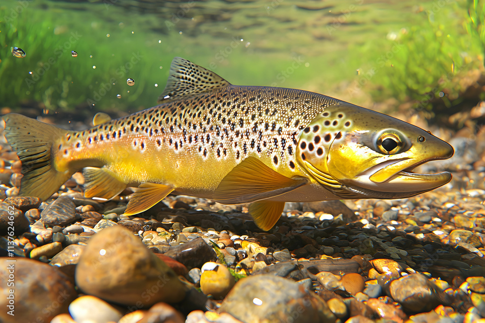Underwater View of a Brown Trout Swimming Among Rocks in Clear Freshwater Stream Underwater View of a Brown Trout Swimming Among Rocks in Clear Freshwater Stream