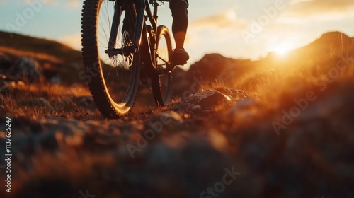 Wallpaper Mural Mountain biker rides through a rocky trail at sunset with golden light illuminating the landscape Torontodigital.ca