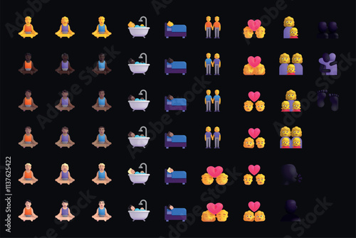 Set of yellow emoji People - Resting, Family & Symbols in vector graphic format on a black background.