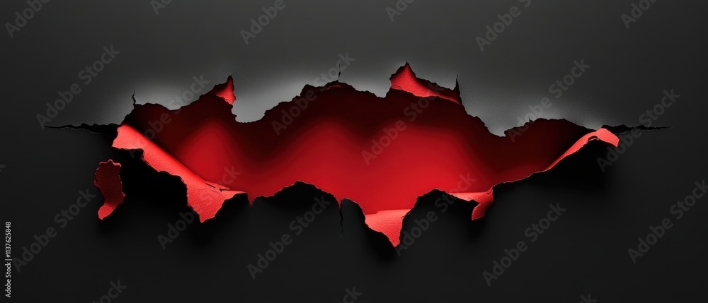 Fototapeta premium Torn Black Paper with a Bold Red Interior Revealing a Dramatic Visual Contrast and Texture Beneath in a Striking Ultra Clean Presentation