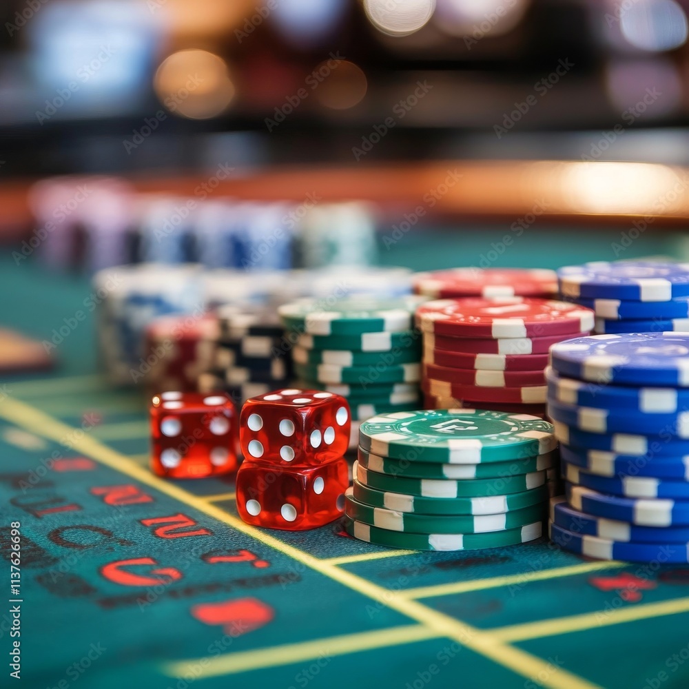 Casino. Game chips and dice lie on the table against the background of business players. Game chips for betting in gambling. Dice. Poker chips. Casino. Game chips and dice lie on the table against the background of business players. Game chips for betting in gambling. Dice. Poker chips.