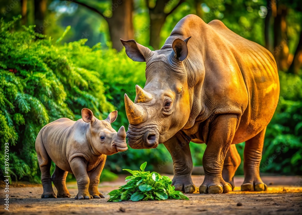 Obraz premium Baby Rhino Following Mother at Zoo - Wildlife Photography