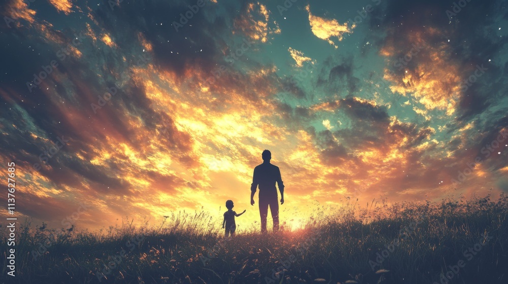 Fototapeta premium Silhouette of a person and child walking under a dramatic sky