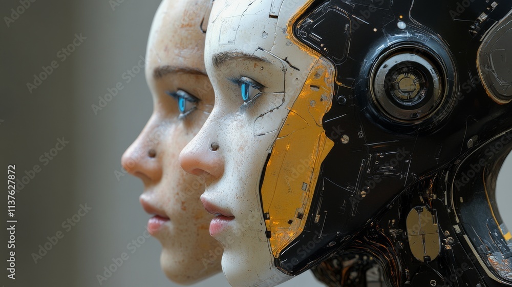Close-up of humanoid robot face with detailed features Close-up of humanoid robot face with detailed features