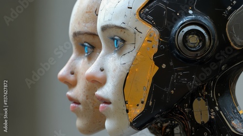 Close-up of humanoid robot face with detailed features