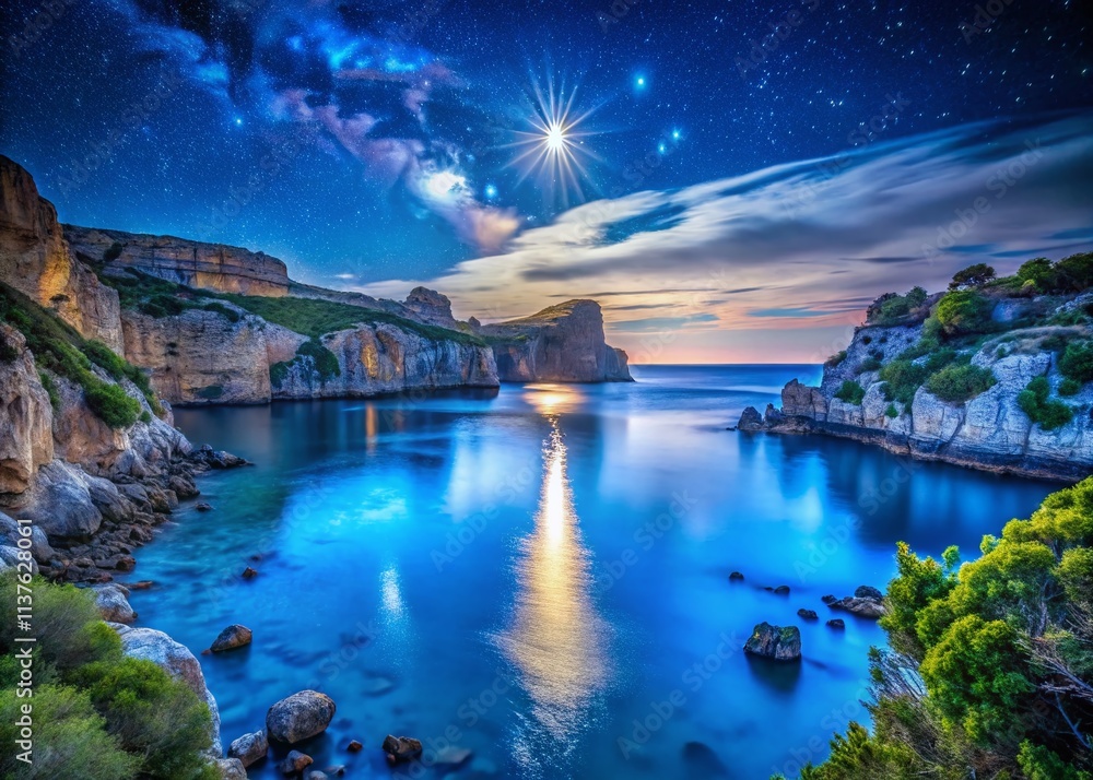 Fototapeta premium Blue Bay Cliffs Night Photography, Calm Waters, Astrophotography
