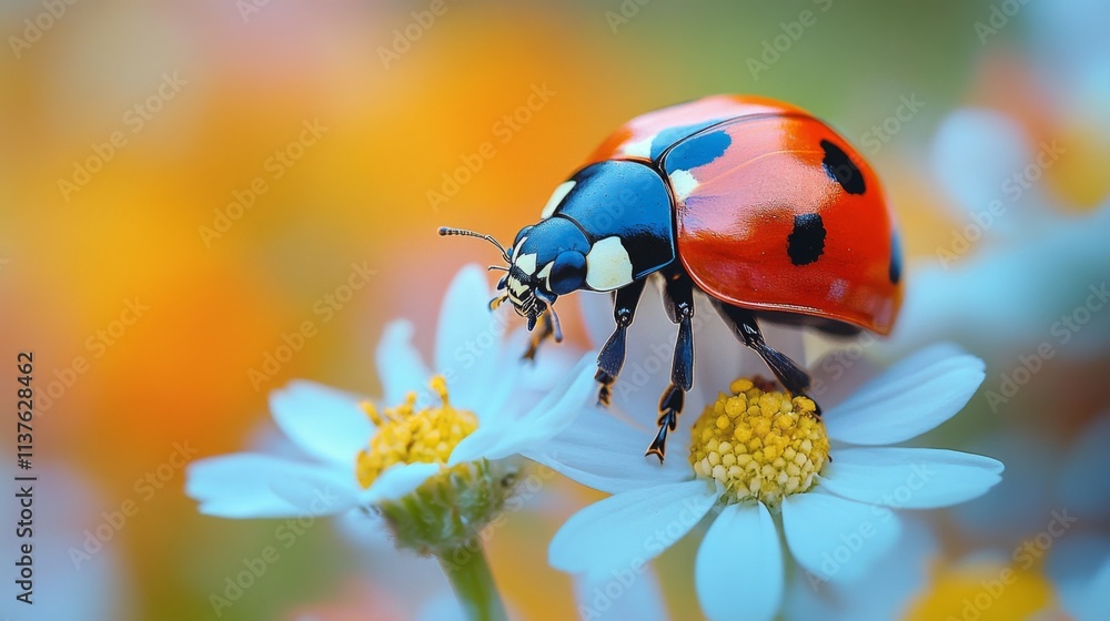 Close-up of a ladybug resting on white flower petals Close-up of a ladybug resting on white flower petals
