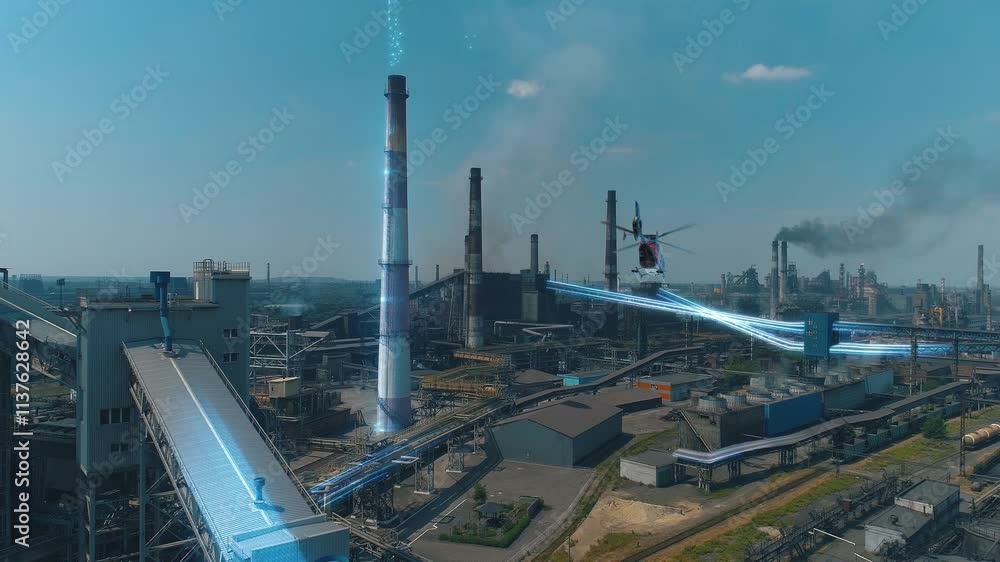 A helicopter circling the industrial area. A helicopter flying over a factory with smoke stacks. Inspection of an industrial plant with a helicopter. A helicopter circling the industrial area. A helicopter flying over a factory with smoke stacks. Inspection of an industrial plant with a helicopter.