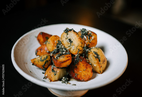 Deliciously Seasoned Fried Potatoes With Fresh Herbs Served on a White Plate in a Cozy Dining Setting photo