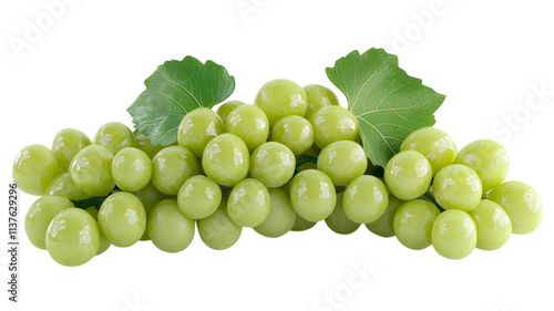 Fresh green grapes with vibrant leaves arranged elegantly on a transparent background, ideal for culinary decoration or healthy snacking. photo