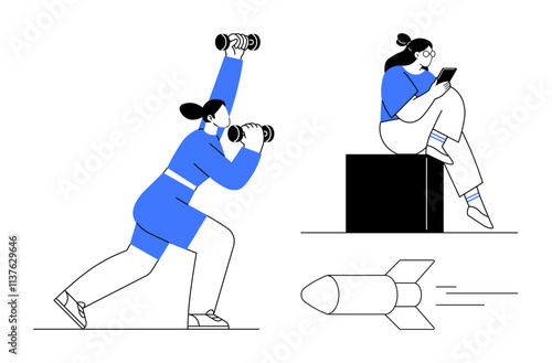 Fitness enthusiast lifts dumbbells while another woman reads on a tablet, with a rocket flying nearby. Ideal for fitness, technology, innovation, productivity, focus, duality progress. Line metaphor