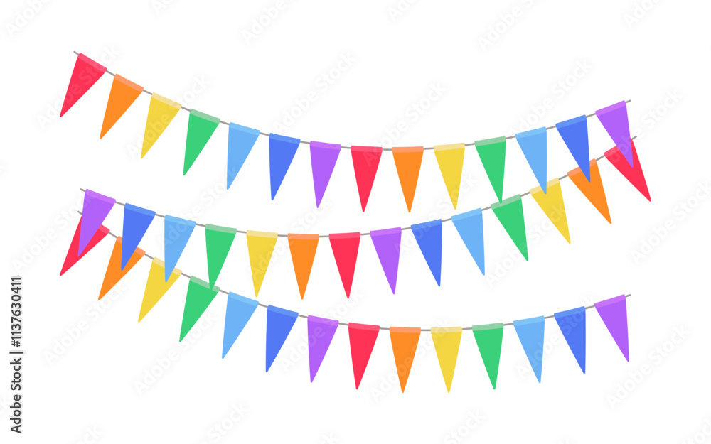 Garland with triangle rainbow flags. Decorative bunting background for party, holiday carnival, birthday celebration, festival decoration. Hanging flags. Vector illustration Garland with triangle rainbow flags. Decorative bunting background for party, holiday carnival, birthday celebration, festival decoration. Hanging flags. Vector illustration
