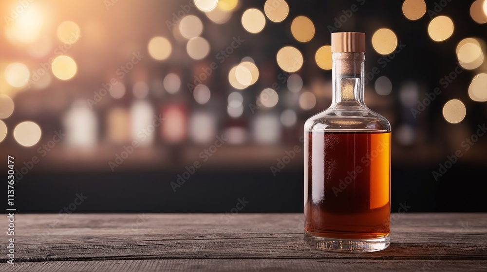 A Captivating Glass Bottle of Amber Liquid on a Wooden Table with a Beautifully Blurred Background of Twinkling Lights and Warm Atmosphere A Captivating Glass Bottle of Amber Liquid on a Wooden Table with a Beautifully Blurred Background of Twinkling Lights and Warm Atmosphere