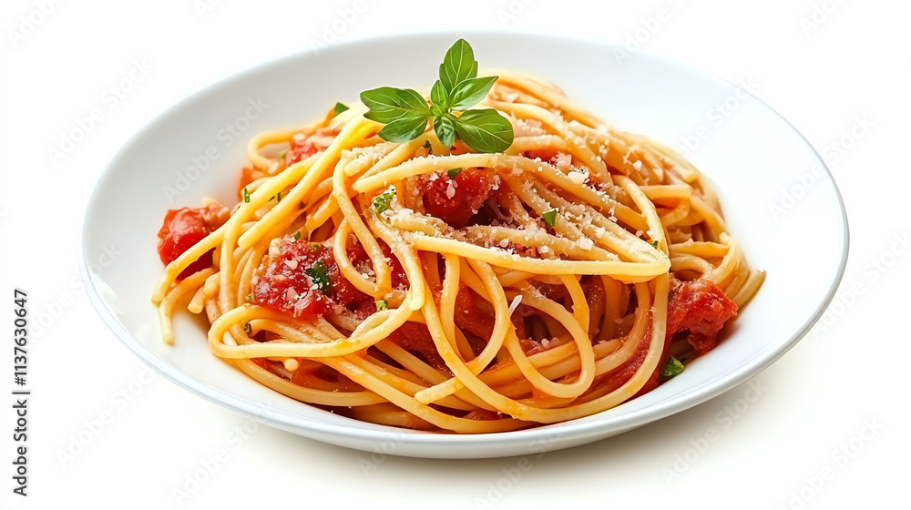 Fresh spaghetti with tomato sauce on white plate Fresh spaghetti with tomato sauce on white plate
