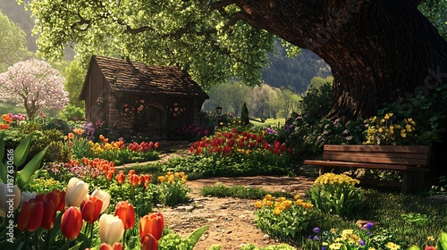 A small village garden with blooming tulips, herbs, and a rustic bench under the shade of a large oak tree