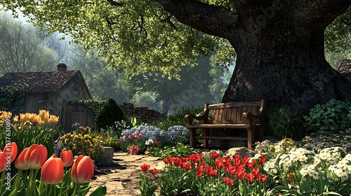 A small village garden with blooming tulips, herbs, and a rustic bench under the shade of a large oak tree