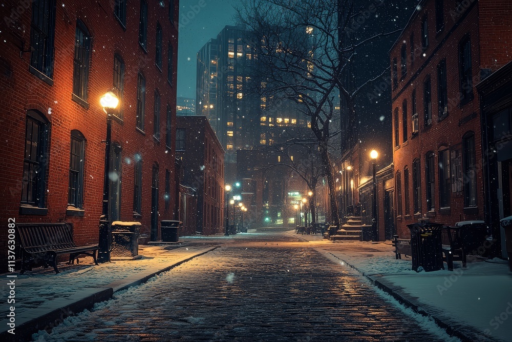 Empty city street at night with red brick buildings, snow falling, street lights, and benches, captured with wide-angle lens and cinematic depth of field. Empty city street at night with red brick buildings, snow falling, street lights, and benches, captured with wide-angle lens and cinematic depth of field.