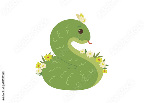 Cute green snake animal kawaii character in spring with flower, symbol 2025 year. Wild reptile with tongue, serpent. Cartoon hand drawn style for children. Vector illustration