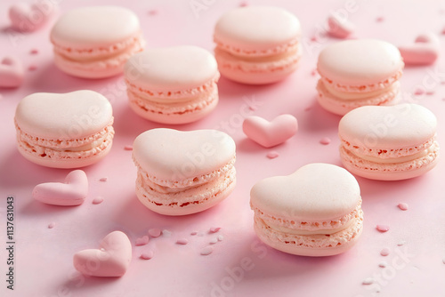 Heart-shaped pink macarons arranged on a soft pink background, surrounded by small heart-shaped candies.