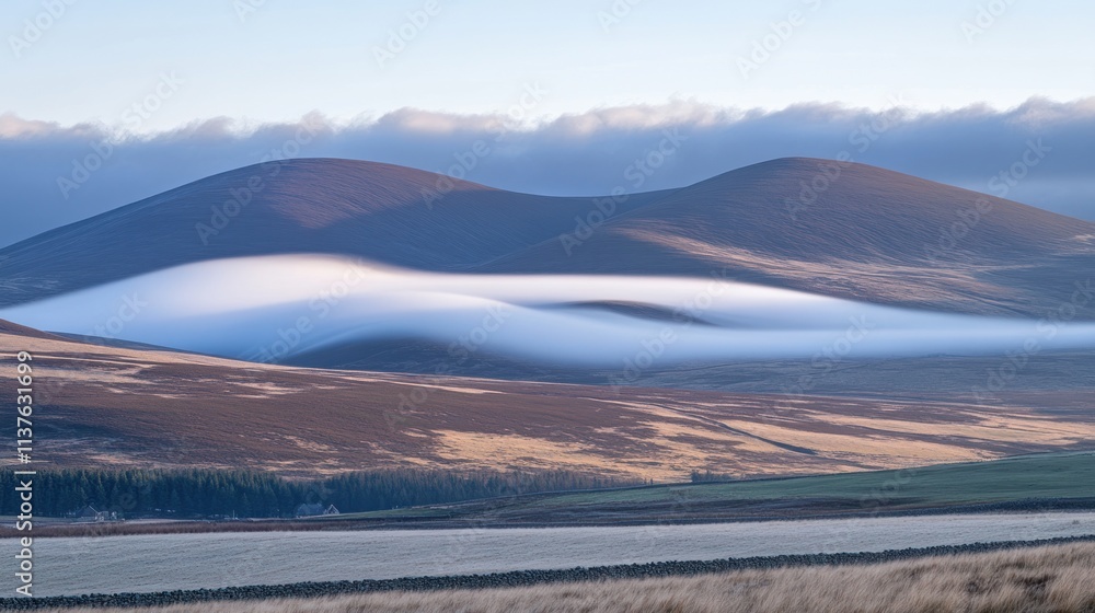 Fototapeta premium Fog drifts between rolling hills at dawn.