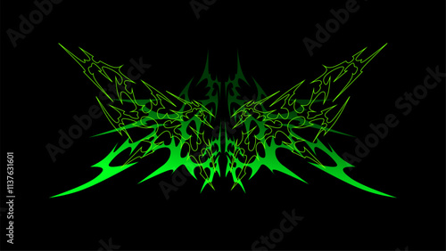 Neo tribal sigilism symmetrical cyber gothic. Vector abstract sharp symmetrical green lines 