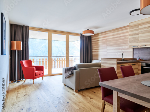 Interior of kitchen and living room of a holiday home