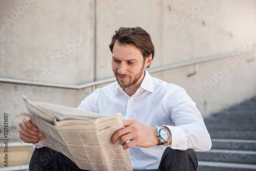 Smiling businessman sitting on stairs reading newspaper photo