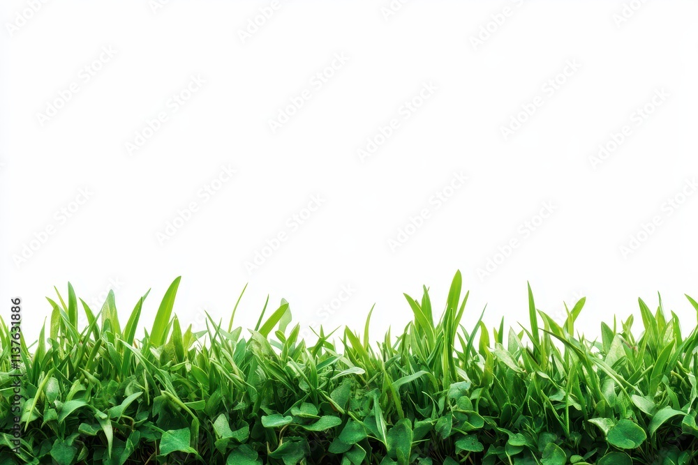 Obraz premium Lush Green Grass Blades and Leaves Against a White Background