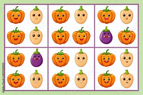 Printable Counting & Matching Educational Game: Cute Cartoon Vegetables Worksheet