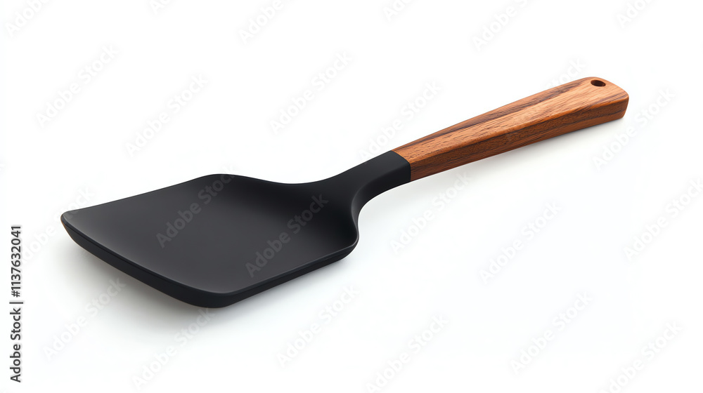 Black spatula with wooden handle on white background Black spatula with wooden handle on white background