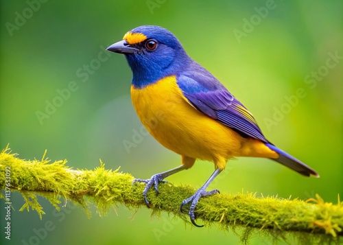 Purplethroated Euphonia Bird Photography: Fimfim on Branch, Euphonia chlorotica, Yellow Bird, Birdwatching photo