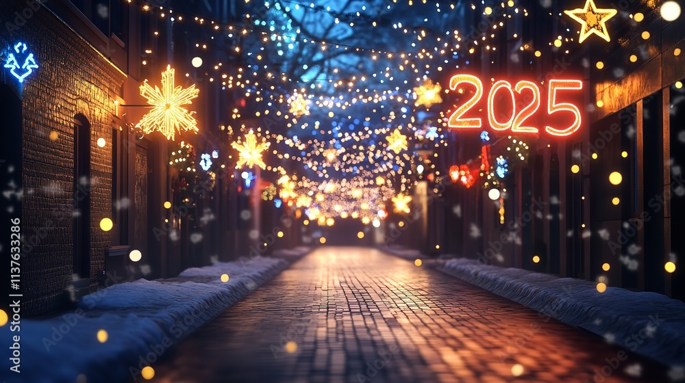 Christmas Street Background with Text 2025 in Neon Lights Christmas Street Background with Text 2025 in Neon Lights
