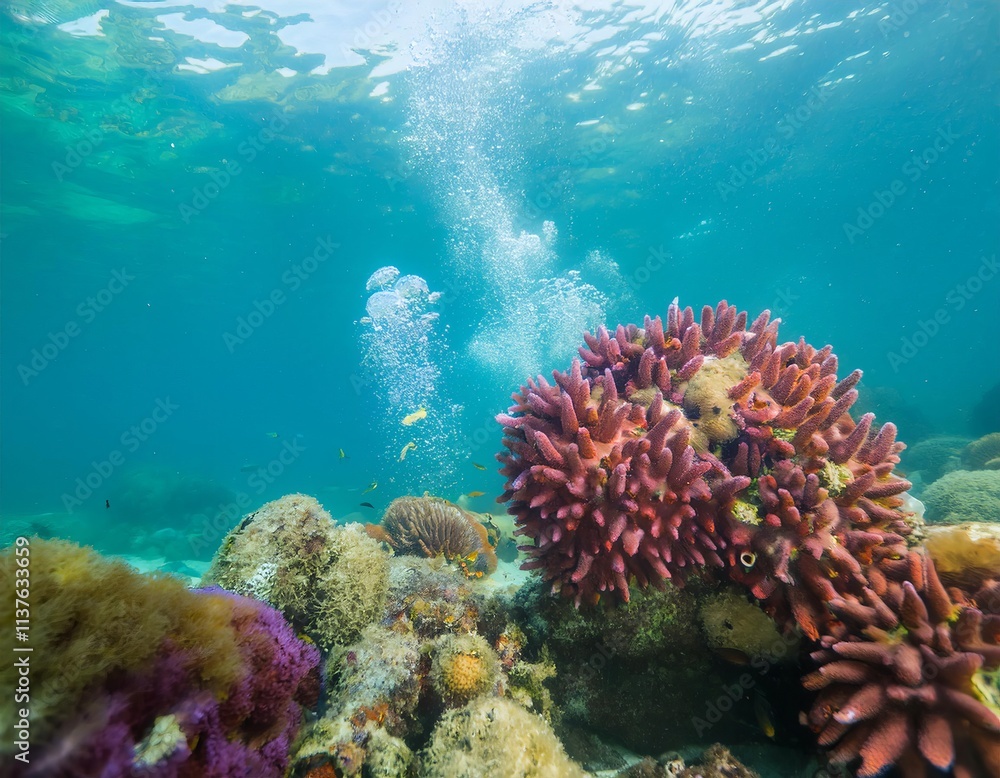 Naklejka premium Underwater volcanic vents releasing bubbles in coral reef ecosystem