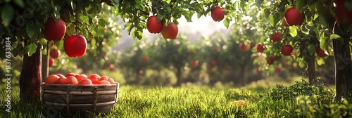 A small village orchard with apple trees, ripe fruits hanging low, and a rustic wooden basket in the grass