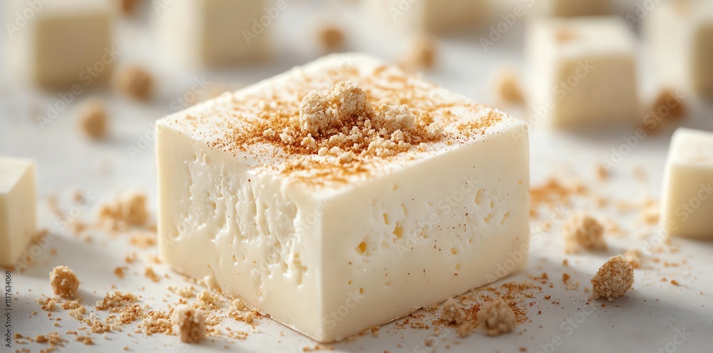 Close-up of a single square of white tofu with crumbs on top. Close-up of a single square of white tofu with crumbs on top.